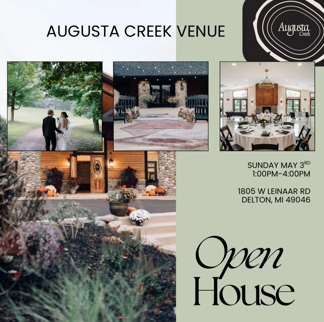✨ We&rsquo;re excited to announce our Augusta Creek Open House! ✨
Join us Sunday, May 3rd from 1&ndash;4 PM at 1805 W Leinaar Rd, Delton, MI.
Come explore the venue, soak in the details, and imagine your day here 🤍

&bull;25+ AMAZING wedding profess
