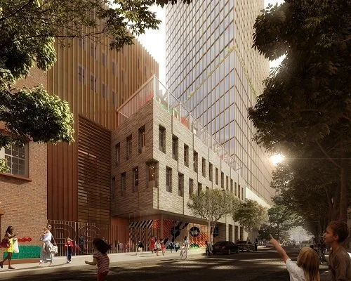 Architectural rendering of the State Street facade at 80 Flatbush, featuring the new elementary school, residential tower above, and integrated retail and community space.