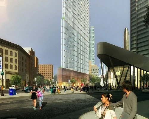 Street-level rendering of 80 Flatbush Avenue showing pedestrian activity, retail frontage, and modern glass tower design along Flatbush Avenue in Downtown Brooklyn.