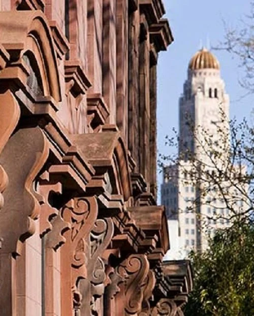 View of the Williamsburg Savings Bank Building Clock Tower from State Street in Boerum Hill, Brooklyn