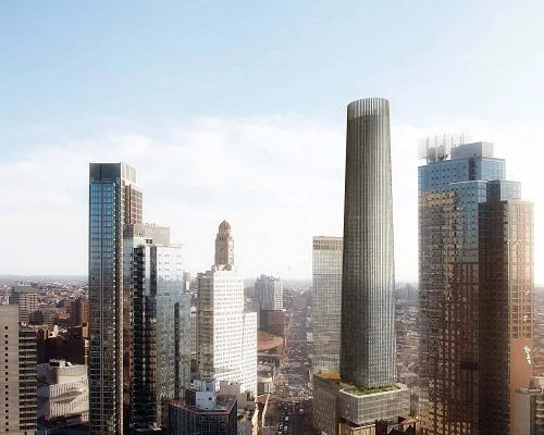 Rendering of the 80 Flatbush development featuring two modern mixed-use towers rising above the Downtown Brooklyn skyline, part of the Alloy Block project with residential, office, and retail space.