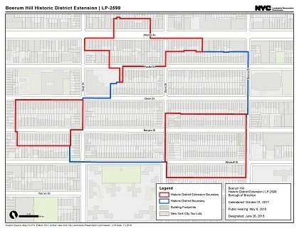Map of the Boerum Hill Historic District Extension showing landmarked areas, zoning boundaries, and building lots across the neighborhood in Brooklyn, New York.