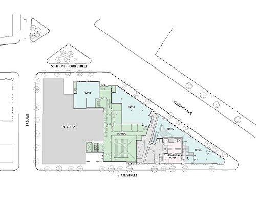 Site plan of the 80 Flatbush mixed-use development showing layout of residential towers, public schools, retail spaces, and shared community areas in Downtown Brooklyn.