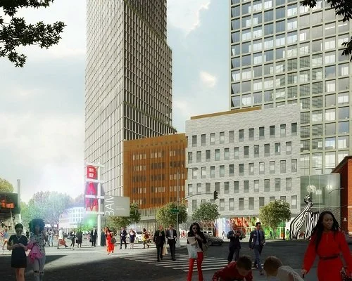 Rendering of 80 Flatbush development highlighting the new Khalil Gibran International Academy and surrounding mixed-use buildings along Flatbush Avenue in Brooklyn.