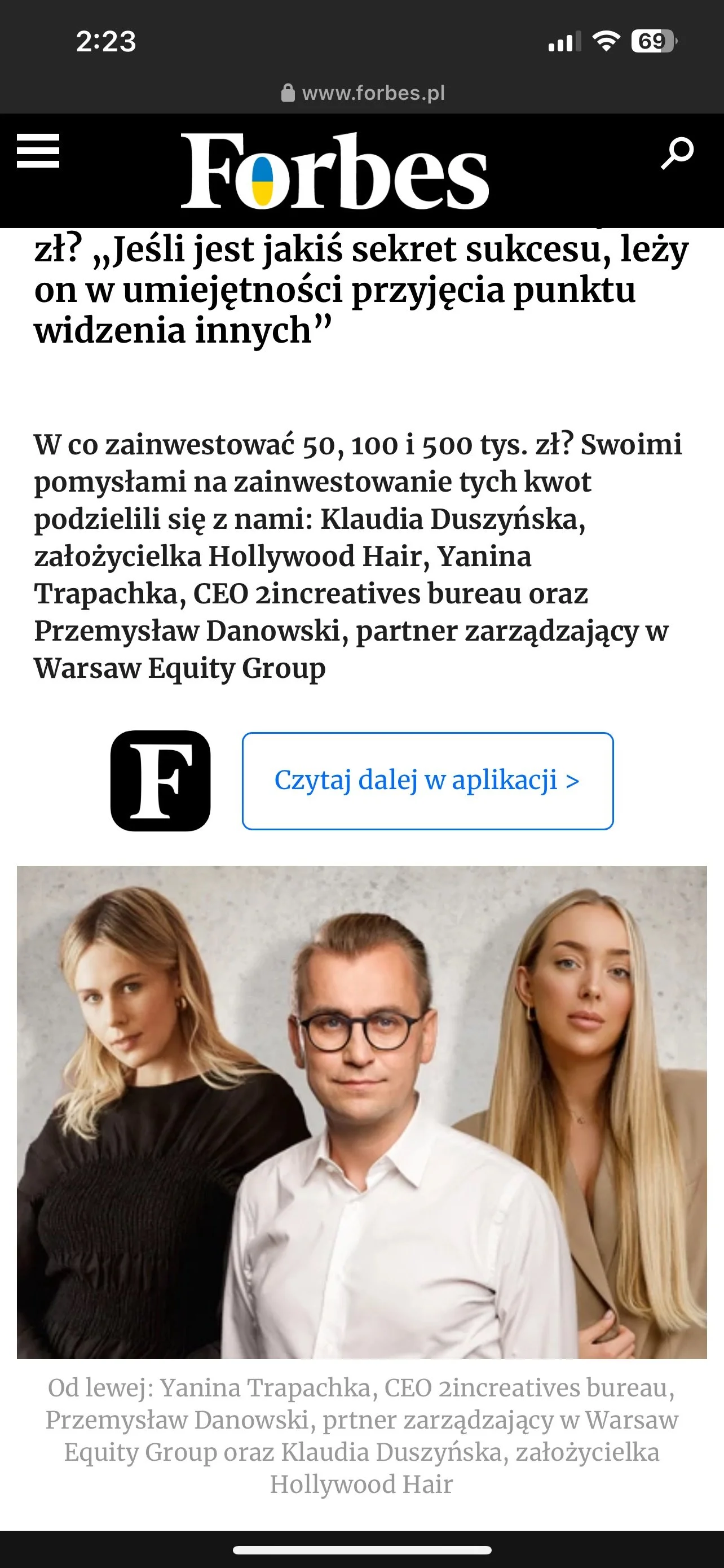 A screenshot of a Forbes Poland article featuring a photo of three professionals, two women and one man, against a neutral background. The woman on the left has blonde hair and is wearing a black outfit, the man in the middle has glasses and is wearing a white shirt, and the woman on the right has long blonde hair and is wearing a beige suit. The article discusses investment tips from successful entrepreneurs.