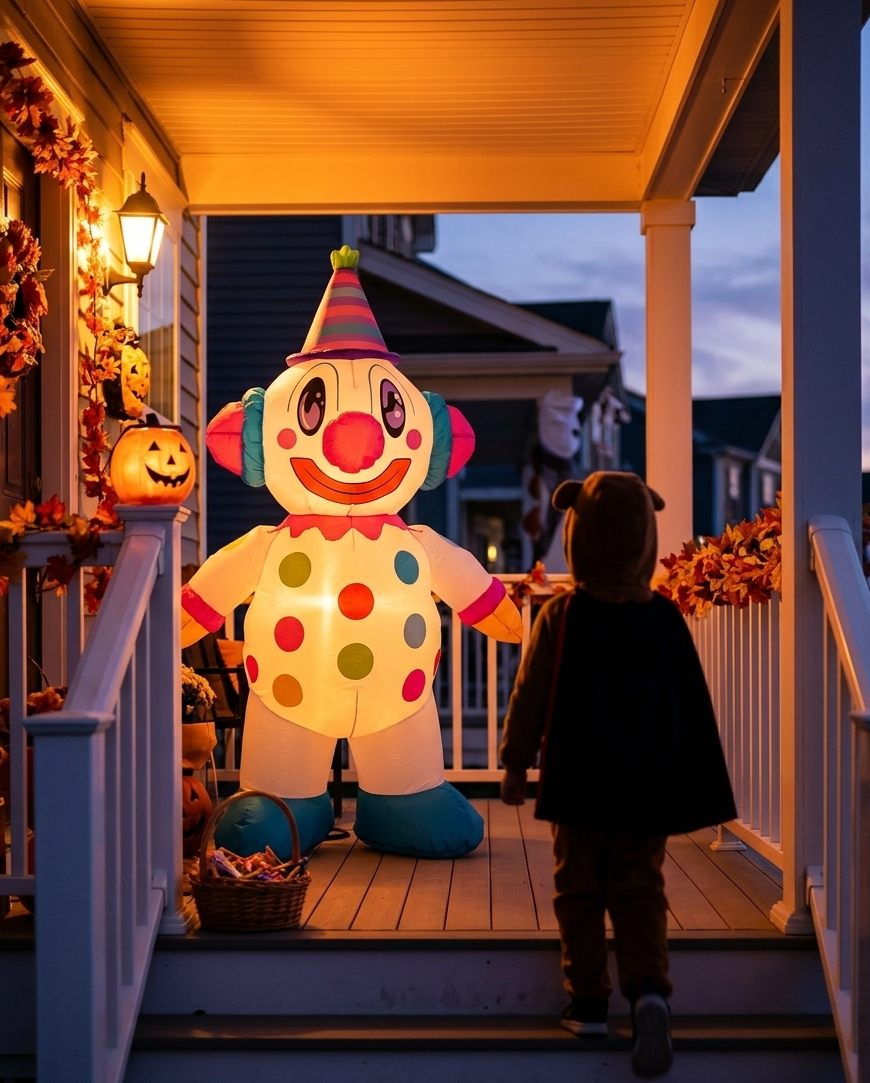 A child dressed in a bear costume walking towards a Halloween decoration of a clown on a porch at dusk. The porch is decorated with fall leaves and a pumpkin lantern.