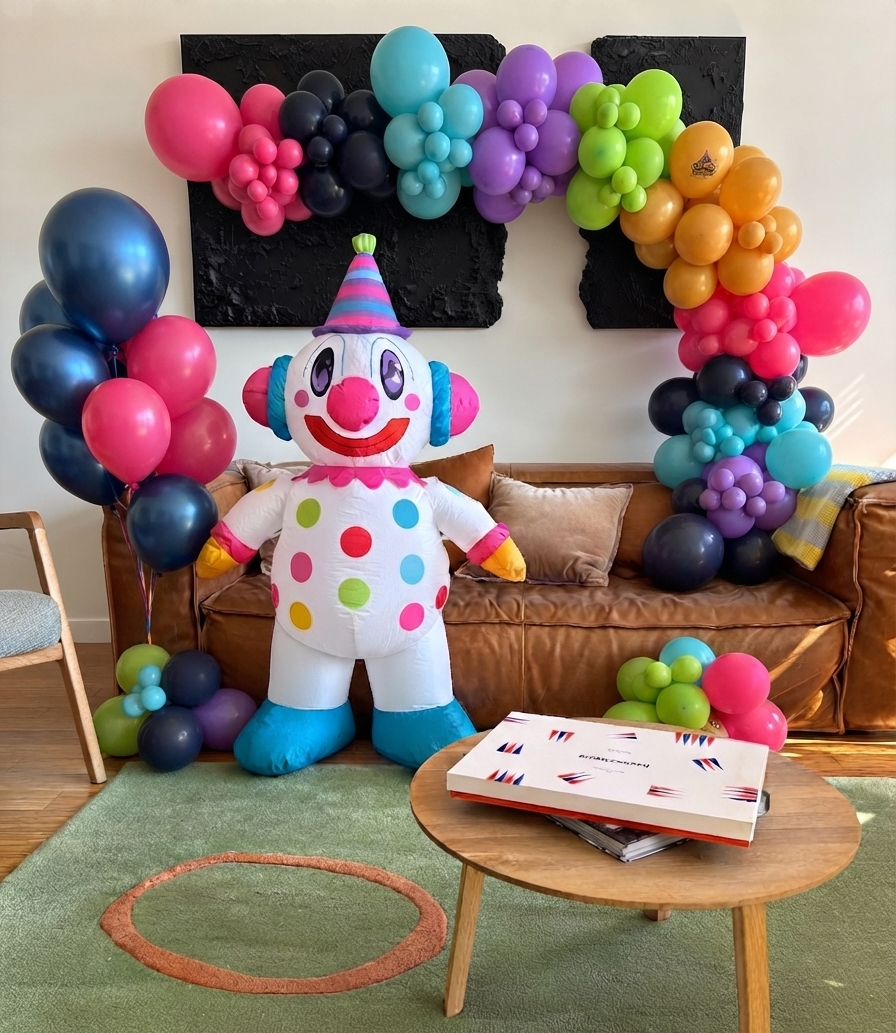 Cutesy the Clown 4-foot seasonal decorative inflatable displayed indoors at a birthday celebration in a bright living room.