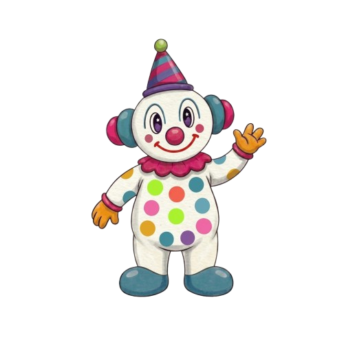 Cutesy is a 4-foot magical inflatable for ages 4 to 8. Cutesy has a white face and a polka-dot body. Cutesy wears a cone-shaped party hat. Cutesy is waving. Cutesy is kid-designed and brings colorful joy. Cutesy is for celebrations and birthdays