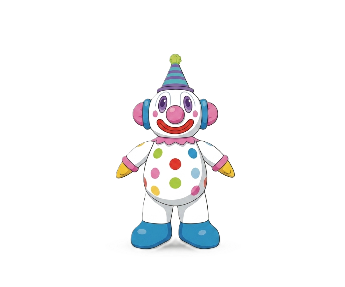 Colorful cartoon clown with polka-dotted costume, wearing a party hat, big red nose, and a wide smile.