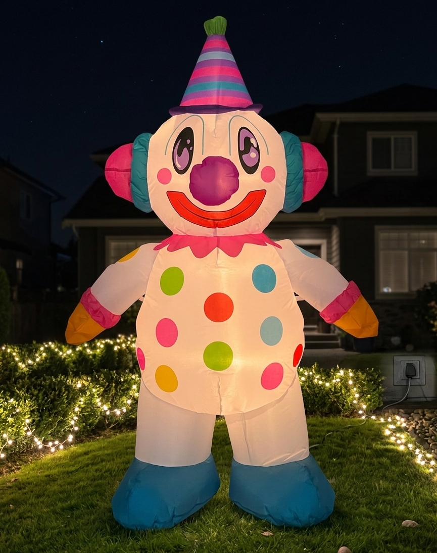 Large illuminated clown inflatable with a colorful hat, polka dot costume, big shoes, and a smiling face, set outdoors at night with string lights in the garden.