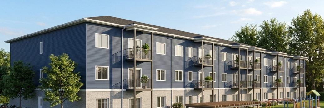 A multi-story residential apartment building with a blue exterior, small balconies with potted plants, and surrounded by green trees and a playground.
