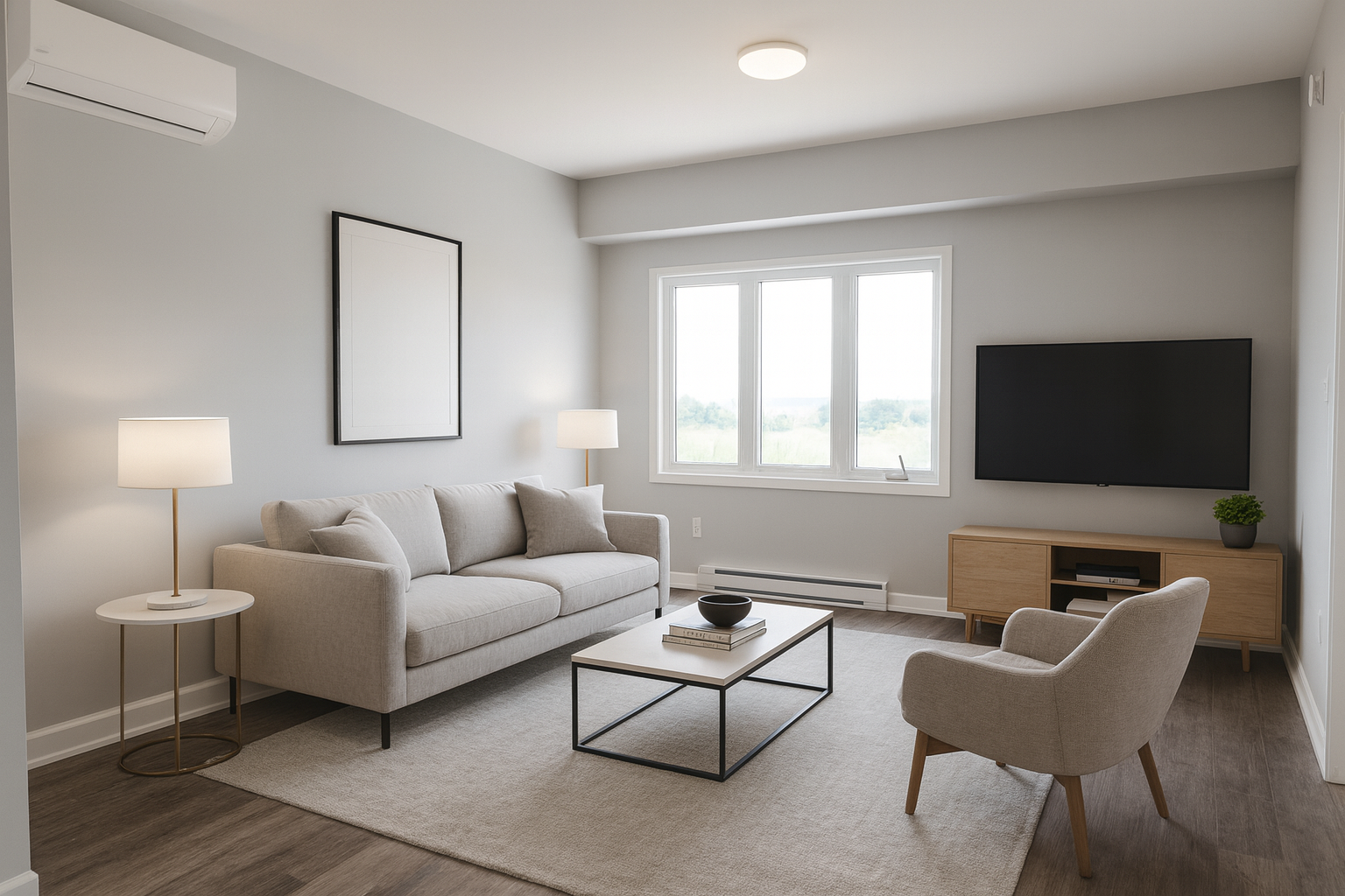 Living room with light gray sofa, armchair, coffee table, wall-mounted TV, side table with lamp, framed artwork, window showing outdoor view, and minimal decor.