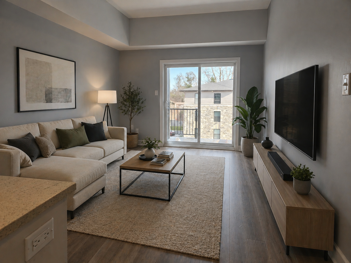 Modern living room with gray sofa, beige armchair, coffee table, TV on wooden stand, and floor lamps.