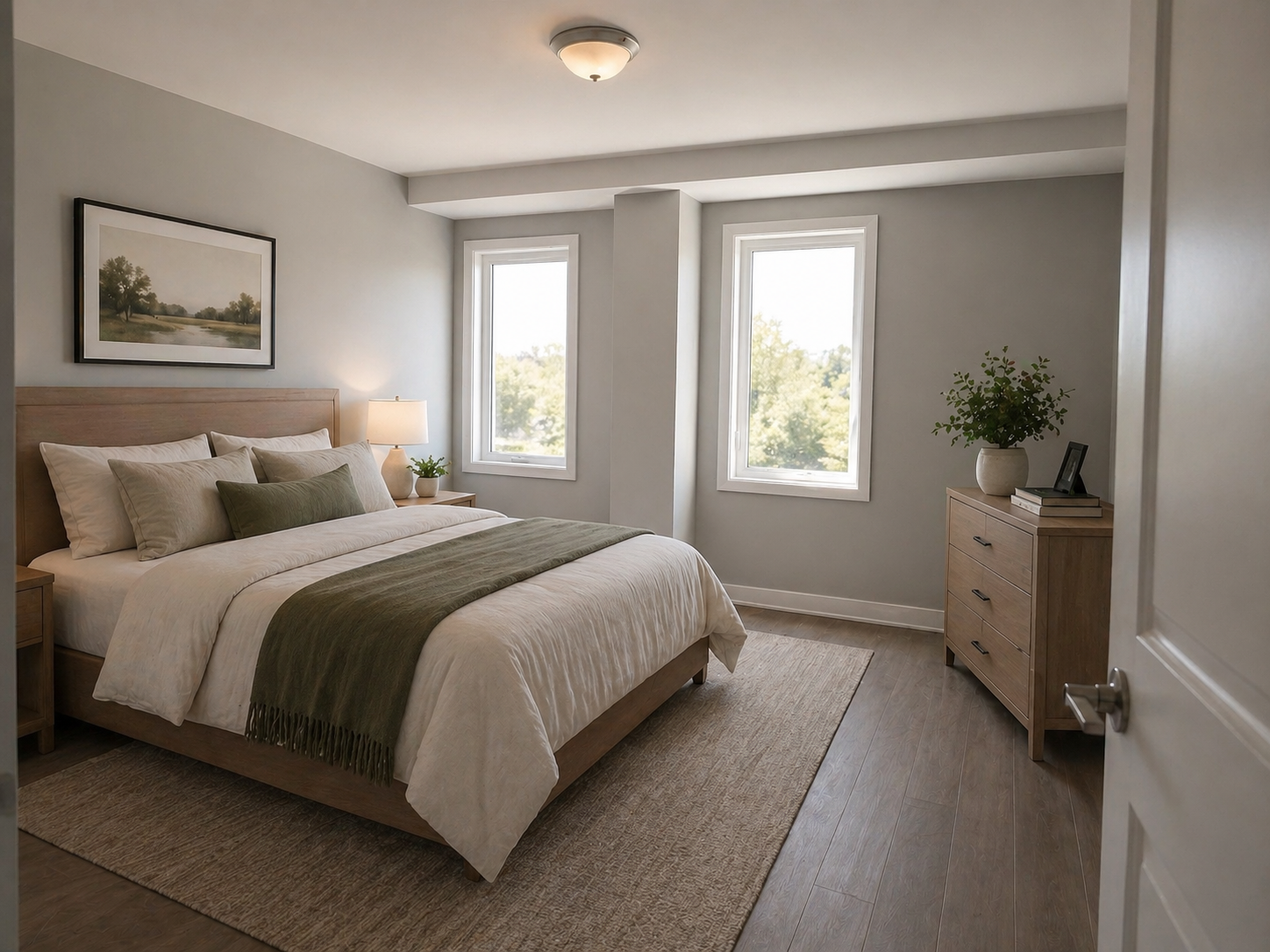 Furnished bedroom with wood flooring