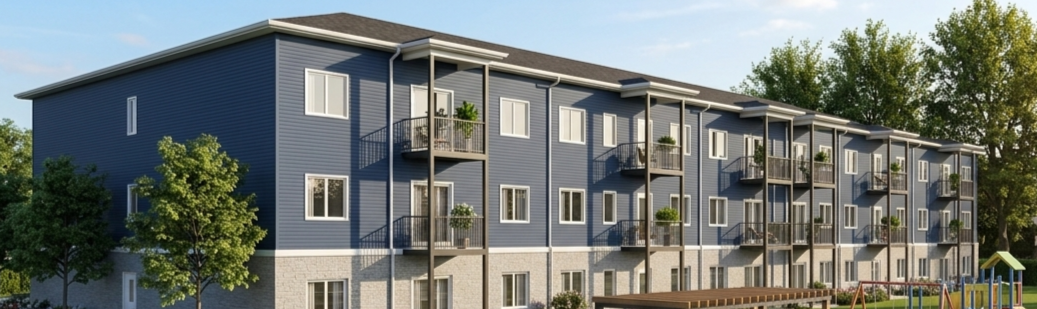 A three-story modern apartment building painted blue with balconies adorned with potted plants and surrounded by trees, against a clear blue sky.