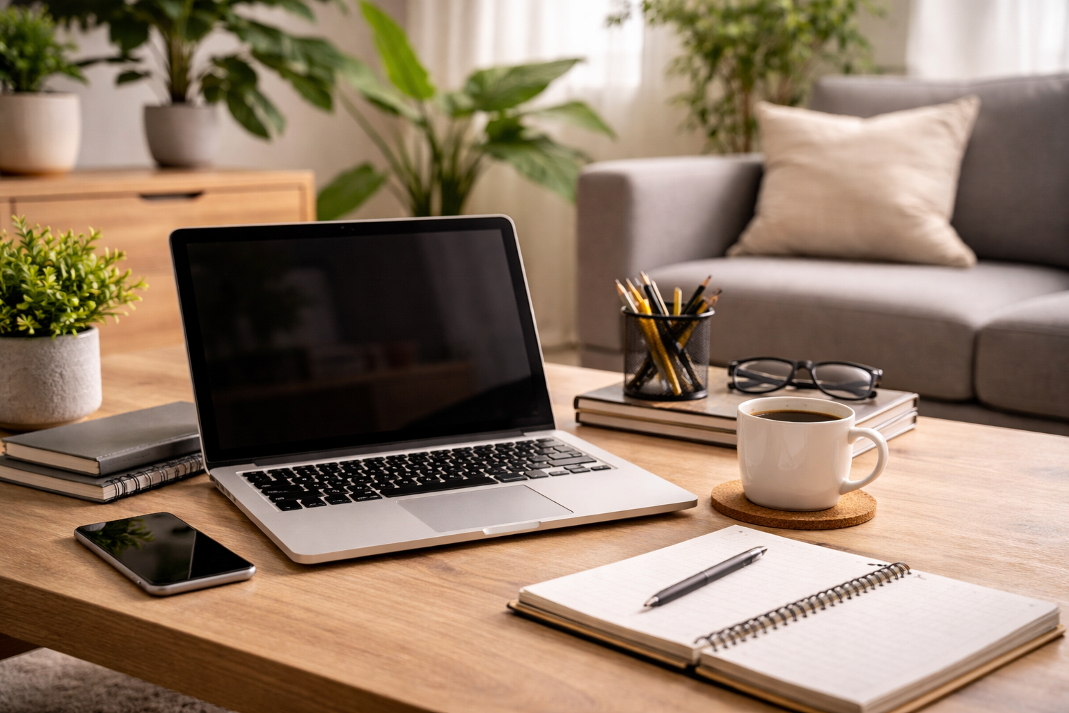 Home office workspace with a laptop, smartphone, notebooks, pen, glasses, cup of coffee, and pencil holder on a wooden table; living room with sofa, cushions, and houseplants in the background.