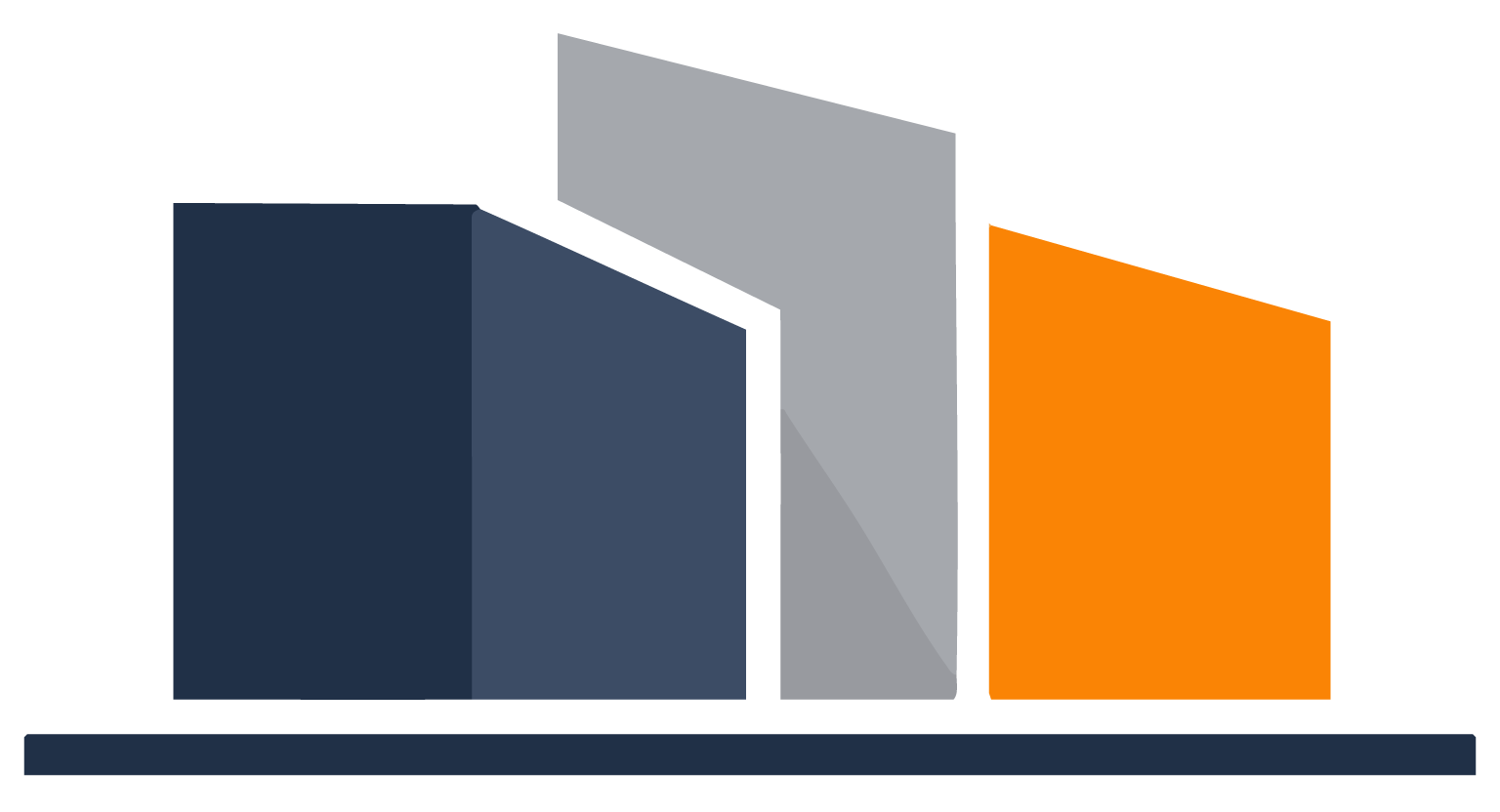 A a logo resembling buildings displaying three vertical bars in dark blue, light gray, and bright orange, positioned on a dark blue horizontal base.