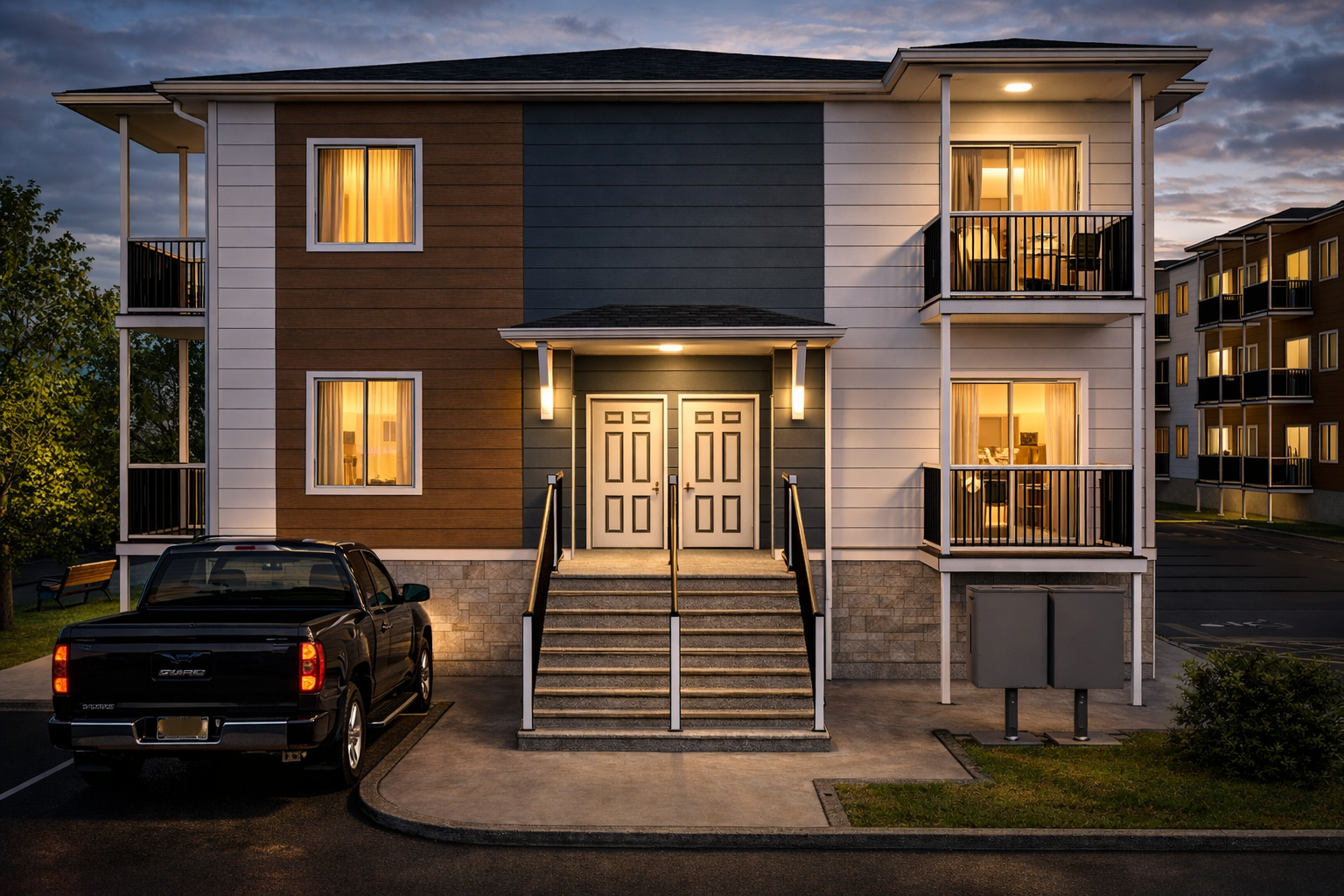Exterior view of a modern apartment building with illuminated windows, front stairs, and a black truck parked in front during dusk.
