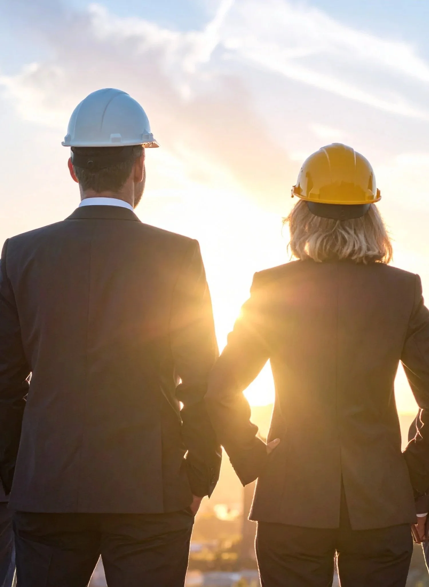Two business professionals, a man and a woman, wearing suits and safety helmets, standing outdoors at sunset or sunrise, overlooking a cityscape.