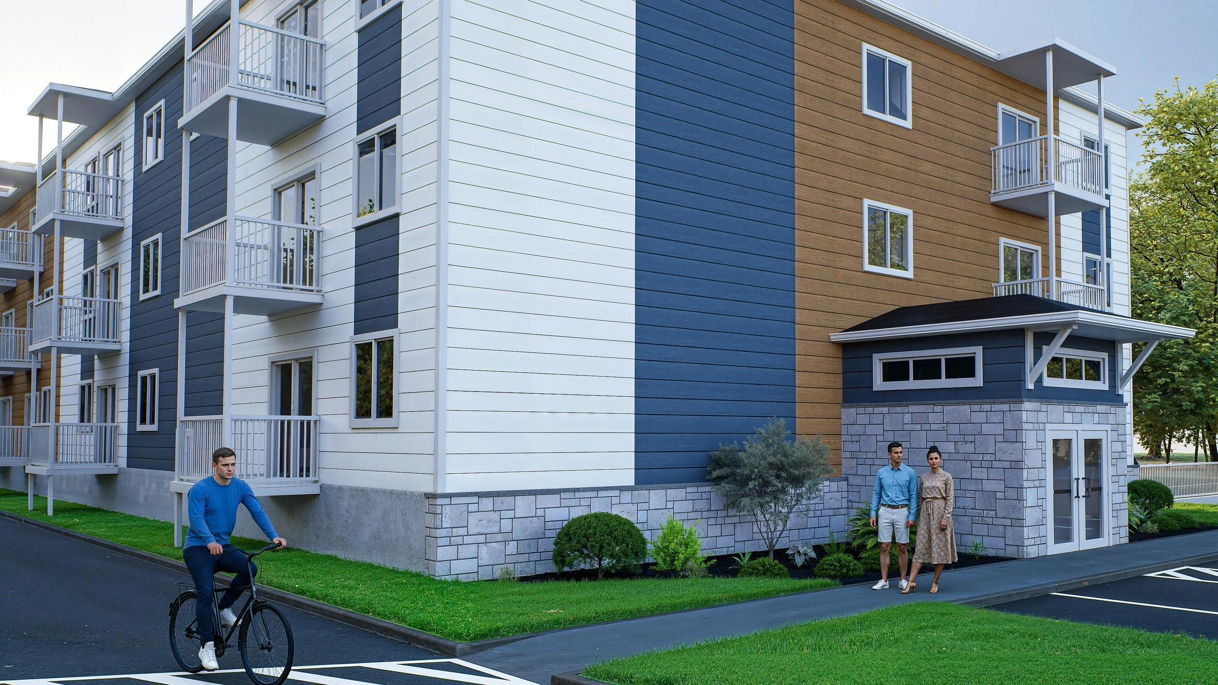 A modern multi-story residential building with colorful siding, white trim, and balconies. There are three people, a man riding a bicycle on the street, and a couple walking on the sidewalk. The scene includes green landscaping and parking spaces.