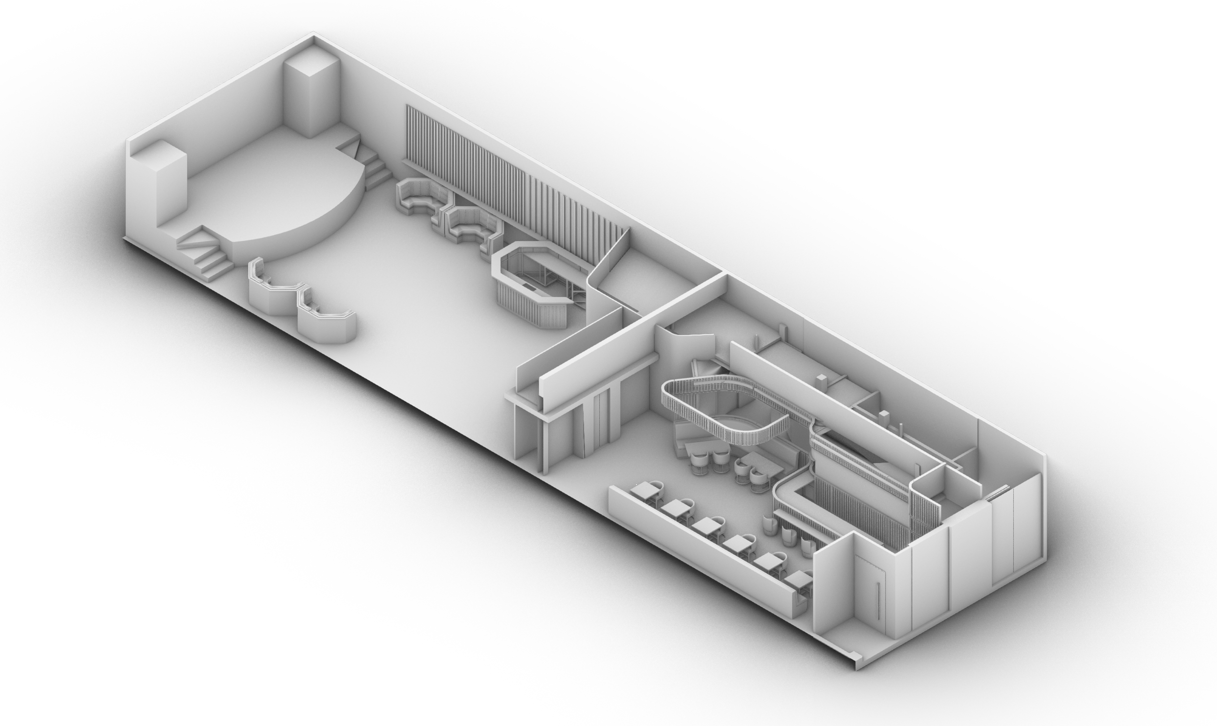Plano 3D de un espacio interior moderno con áreas de teatro, bar y zona de entretenimiento con escaleras y mobiliario.