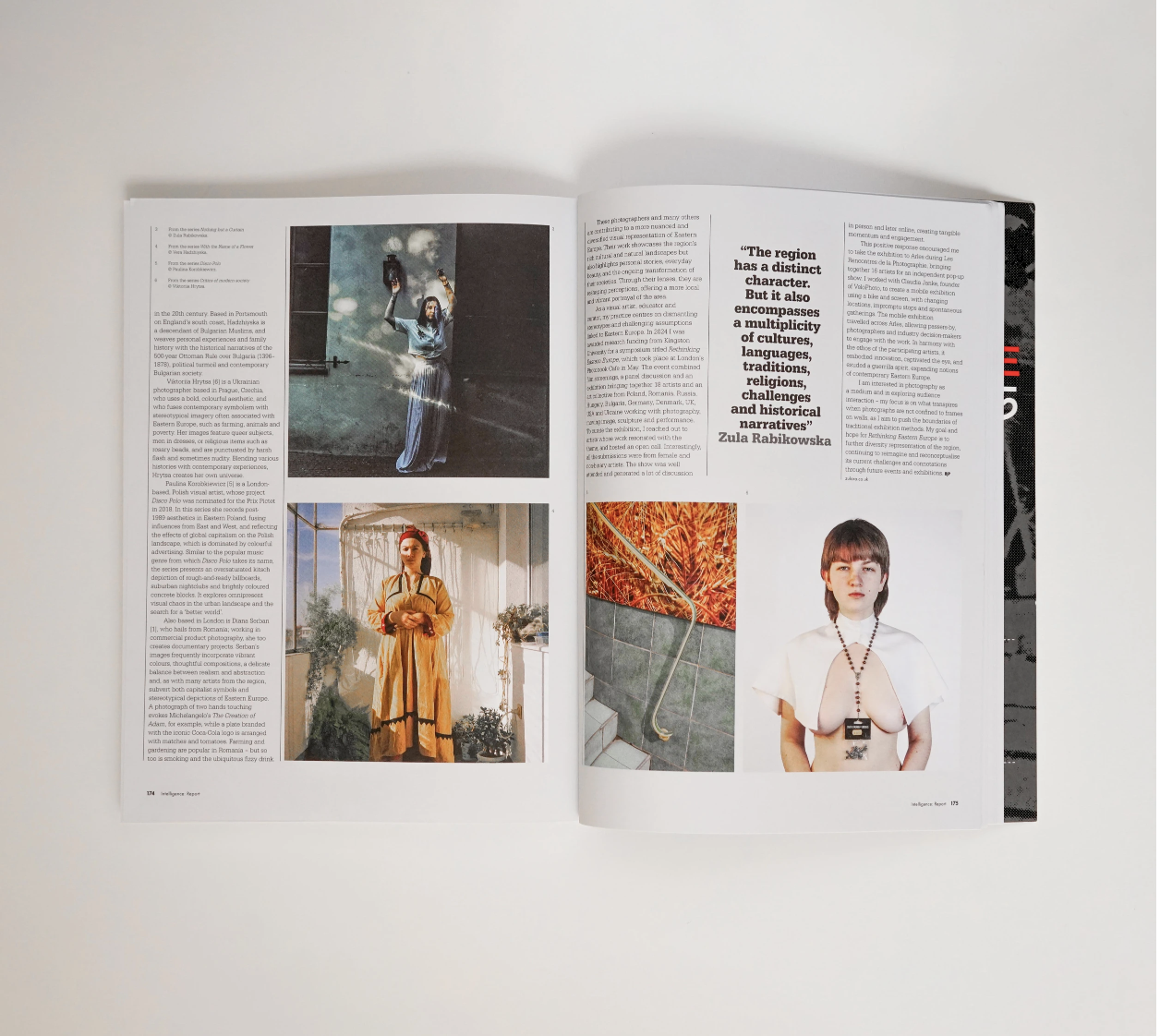 Open magazine laid flat showing four photographs of women in various outfits and settings, along with an article quoting Zula Rabikowska about cultural diversity.