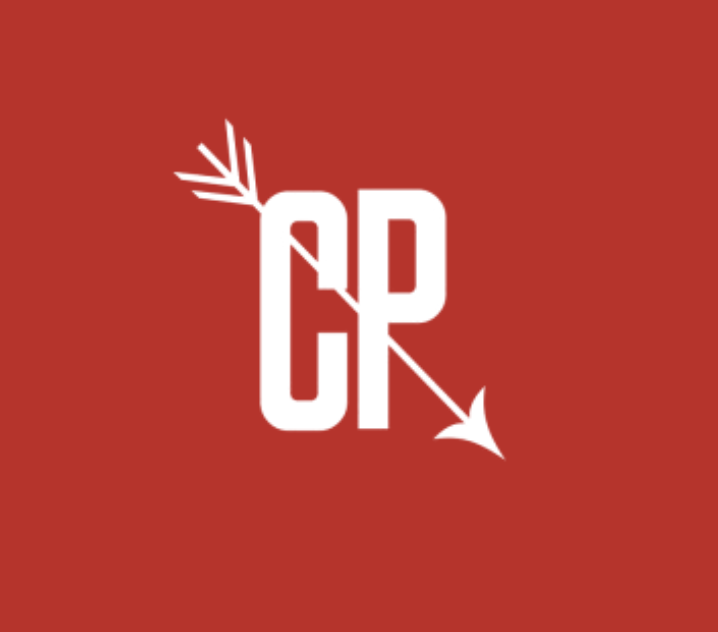 White monogram of the letters C and R with an arrow passing through the letters, on a red background.