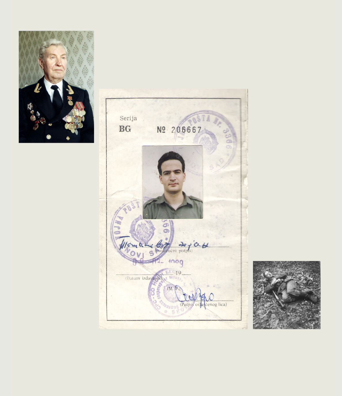 A collage featuring a veteran in uniform with medals, a younger man in military attire in a photo, a vintage identification document with stamps and signatures, and a small black and white photograph of a person lying outdoors with a rifle.