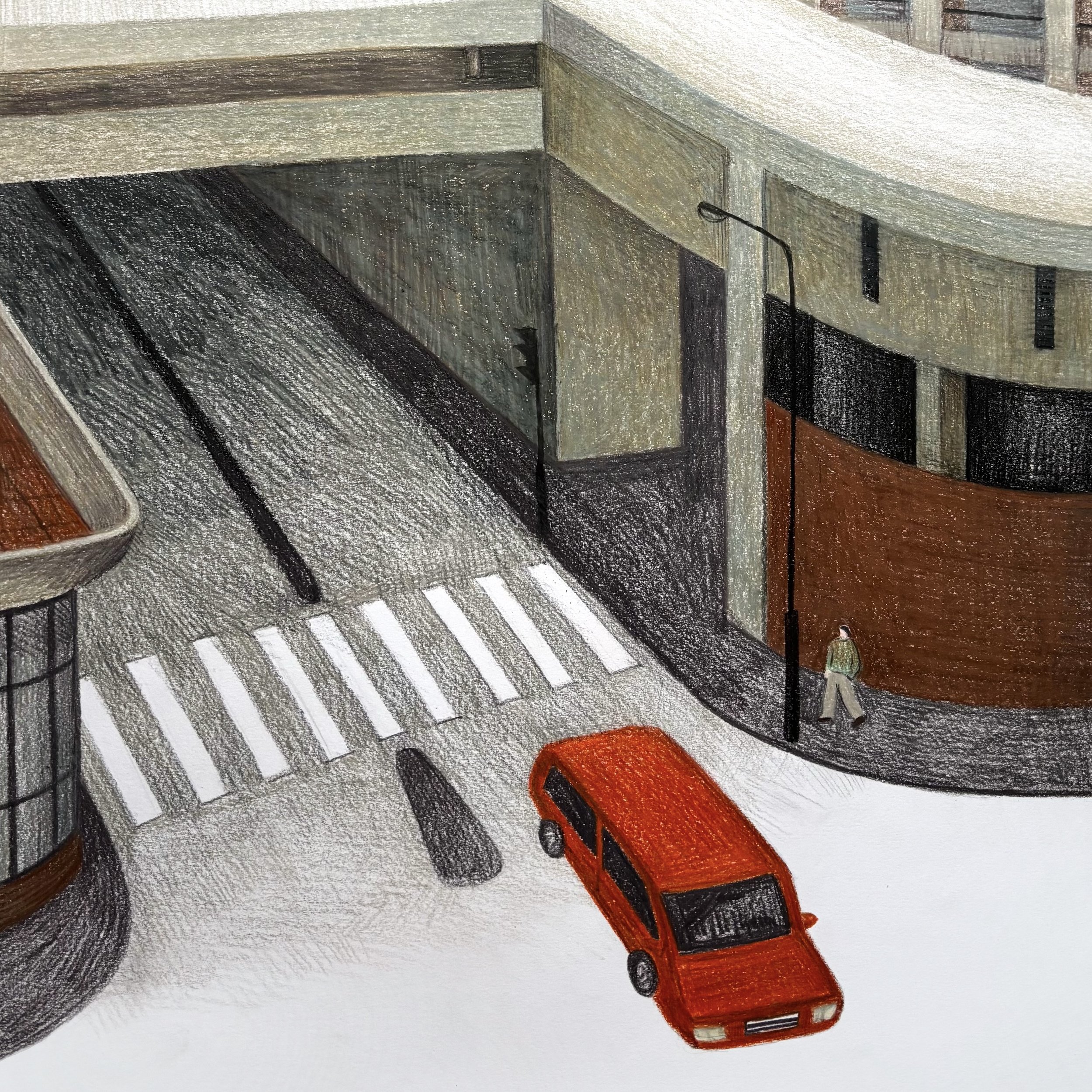 An illustration of a city intersection with a red car turning left, a pedestrian walking along the sidewalk, a zebra crossing, and modern buildings with glass and curved architecture.