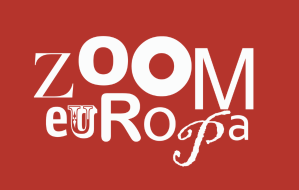 Graphic design with the words 'ZOOM euroPA' in various fonts and sizes on a red background.