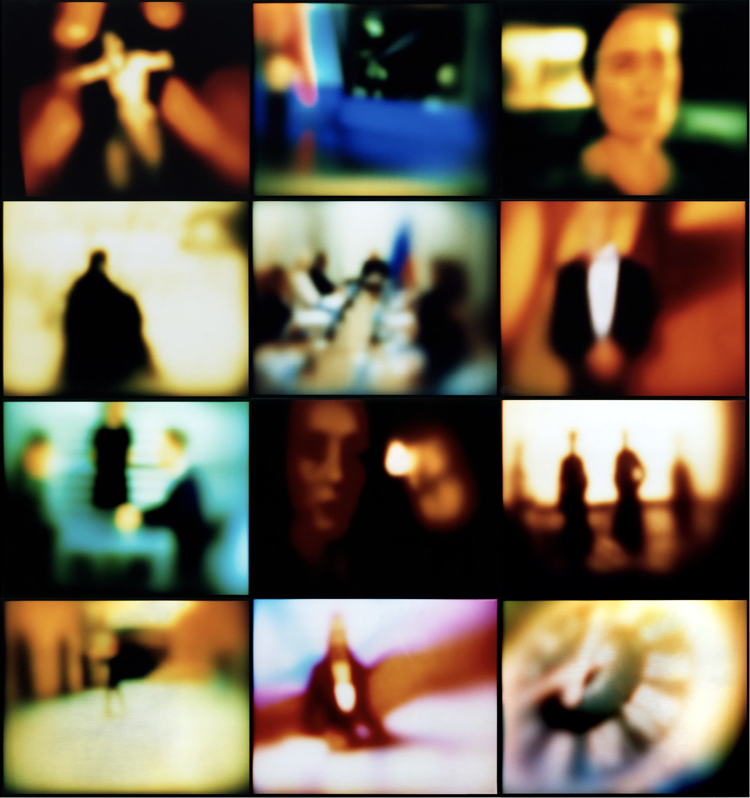Collage of 12 blurred images depicting various scenes including people in formal attire at meetings or events, a woman, and abstract backgrounds with bright and dark colors.