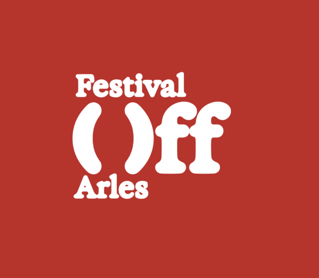 White text on a red background that reads "Festival Off Arles" with a stylized face made from parentheses and the letters "off" in the center.