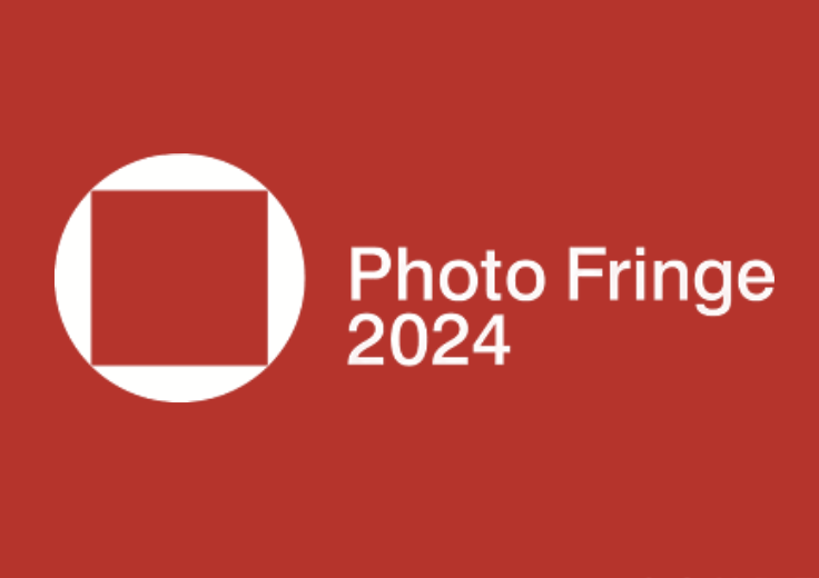 Red background with a white circle containing a red square in the center. To the right, white text reads 'Photo Fringe 2024'.