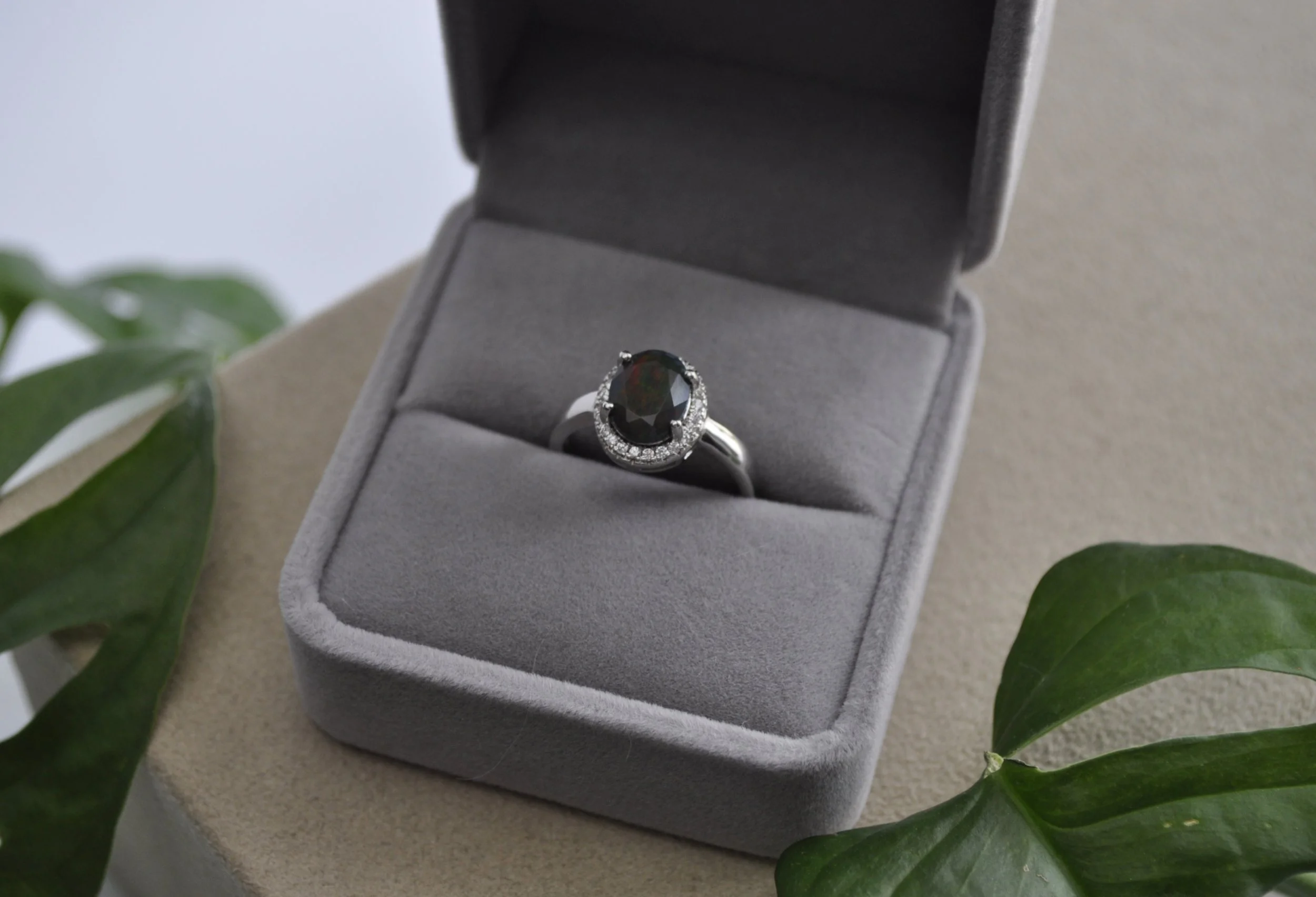 Black Opal & Zircon Gemstone Ring