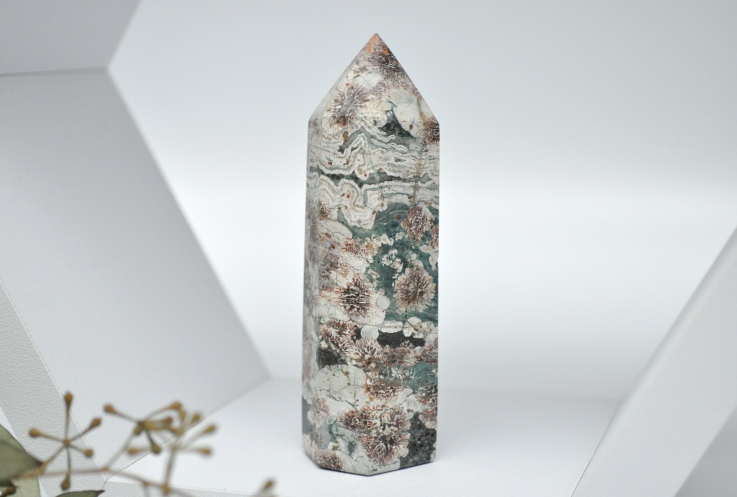 Green Flower Jasper Crystal Tower