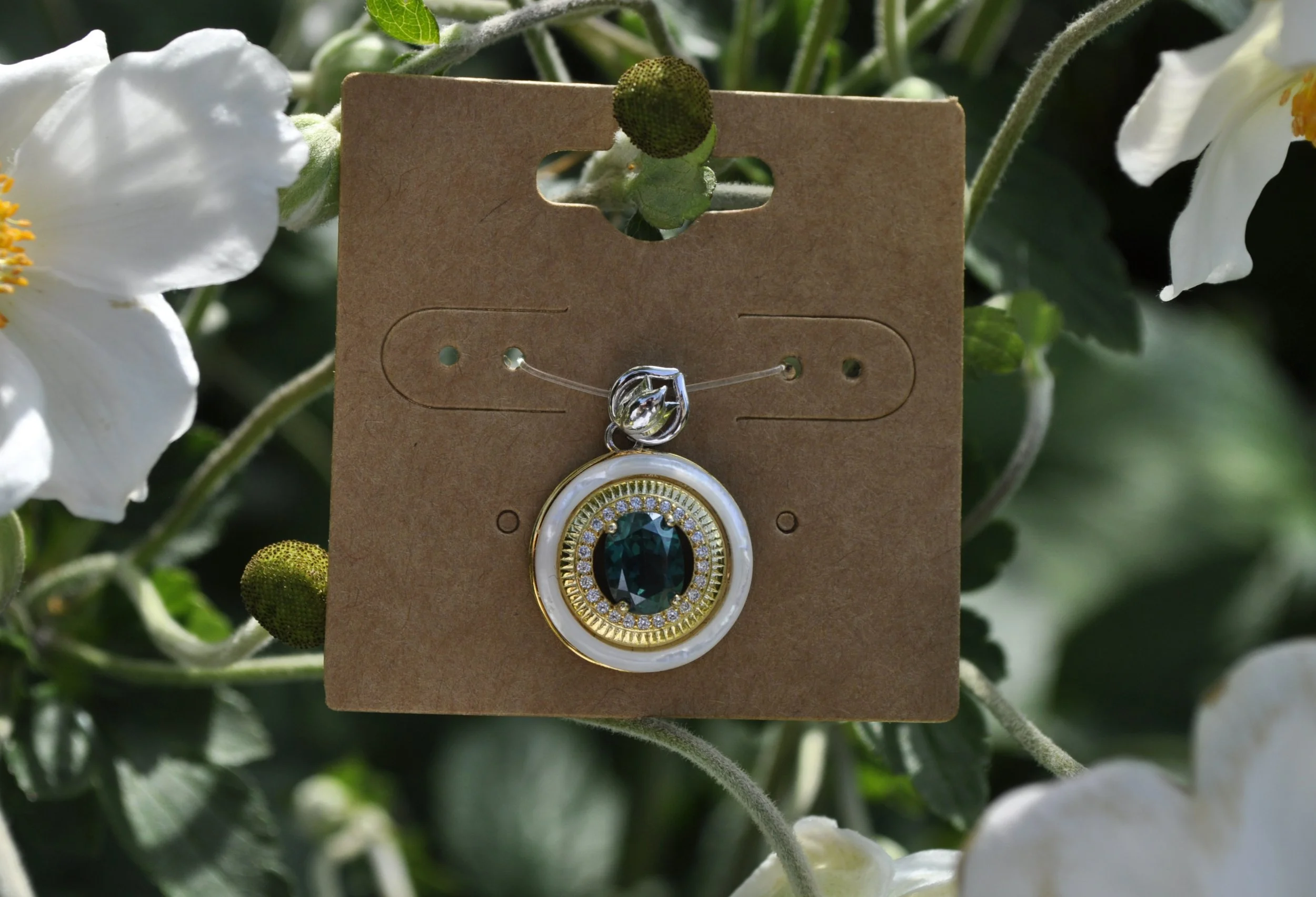 Green Topaz, Mother of Pearl & Zircon Gemstone Pendant