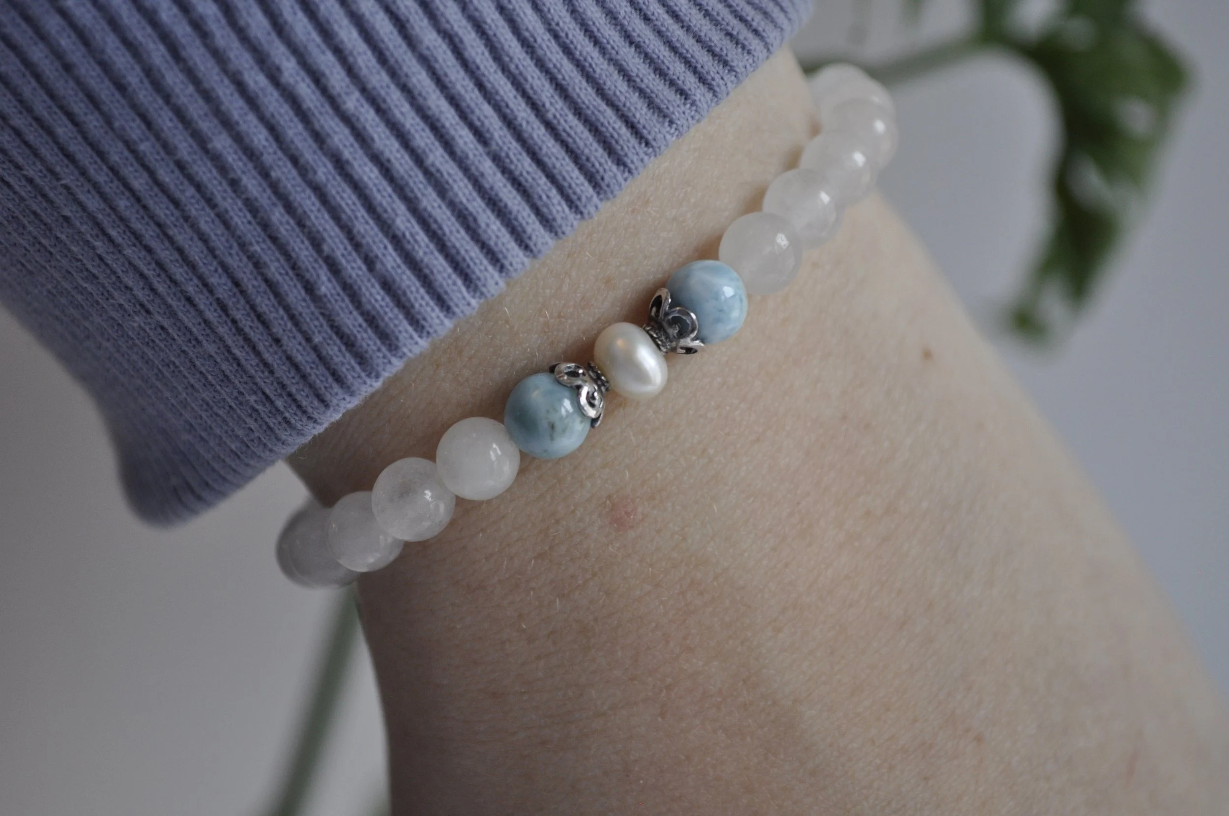Larimar, Freshwater Pearl & White Jade Gemstone Bracelet