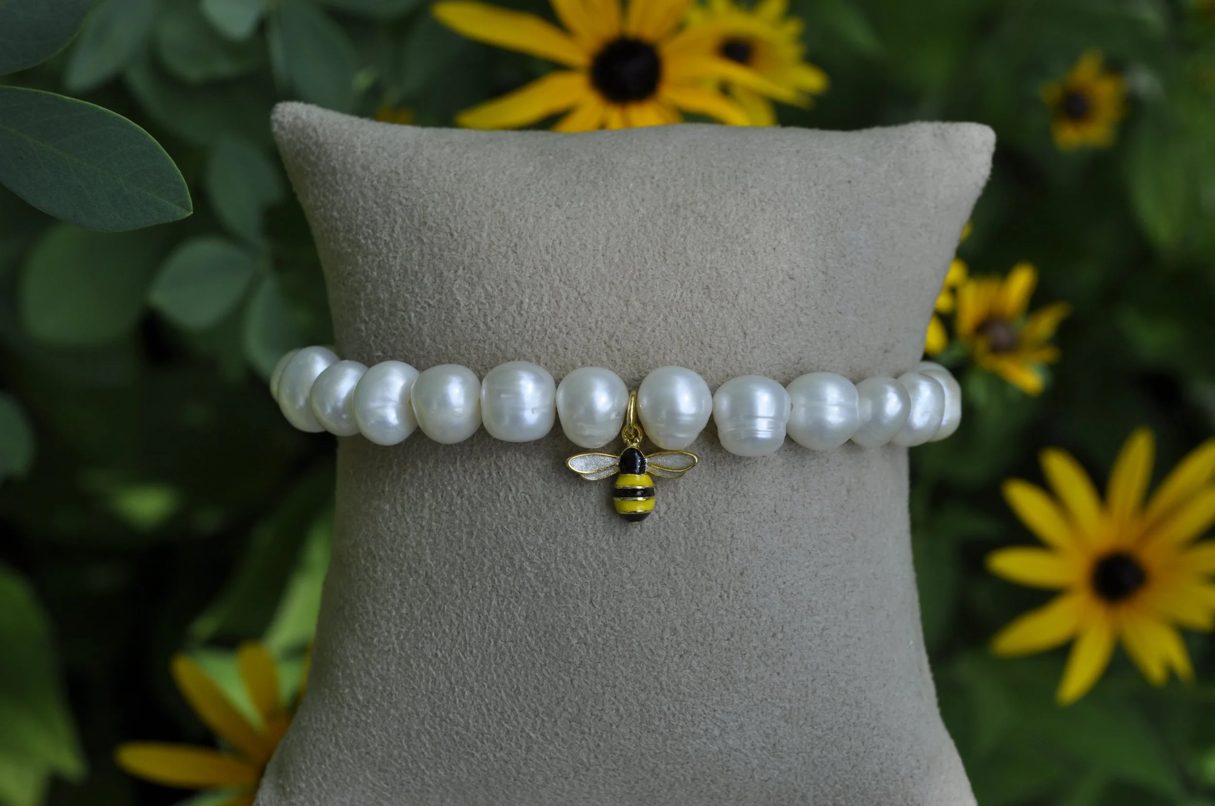 Freshwater Pearl Bee Charm Bracelet | Gold Plated, Sterling Silver