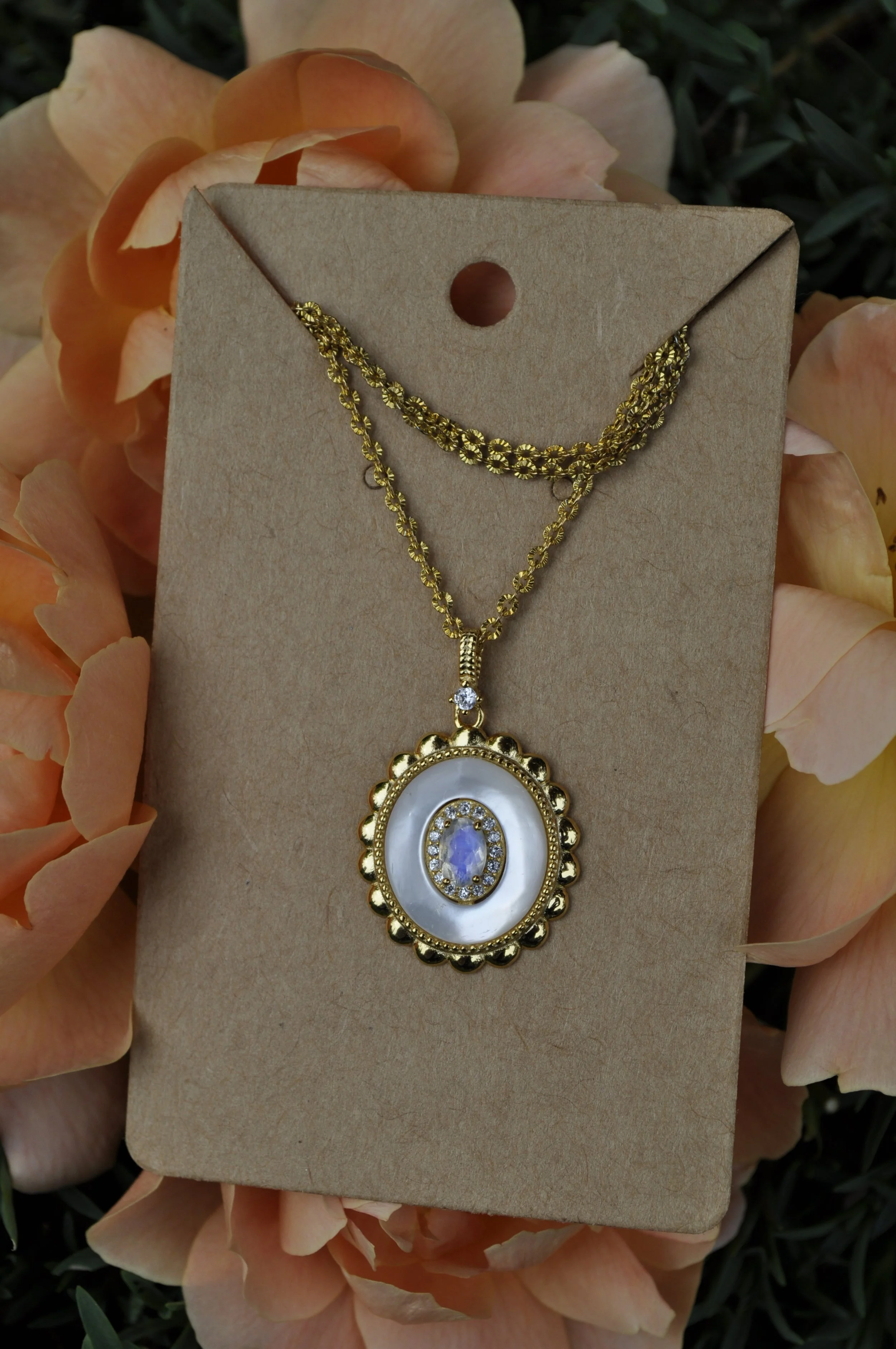 _Moonstone freshwater shell gold necklace, gold plated jewelry