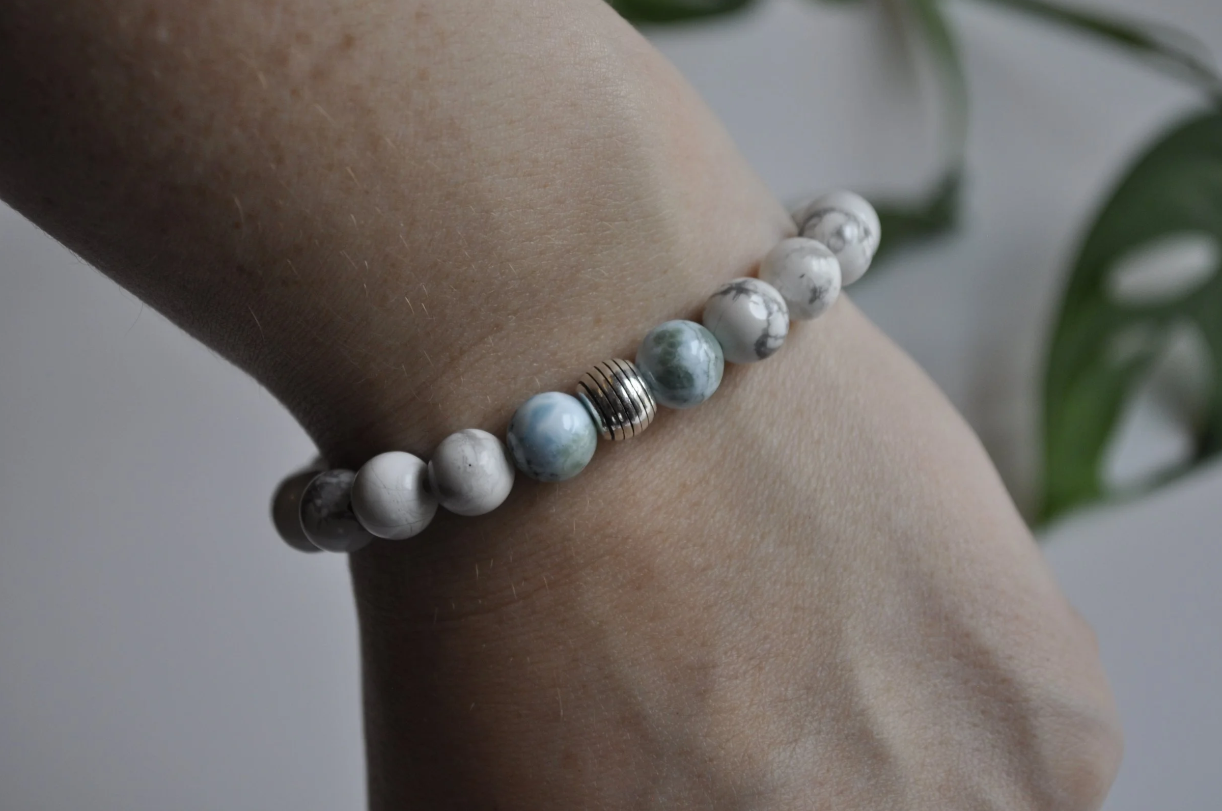 Howlite Gemstone Bracelet near me Tavistock, Howlite Jewelry, Larimar Gemstone Bracelet near me Tavistock, Larimar jewelry near me, Howlite beads, Sterling Silver Charm