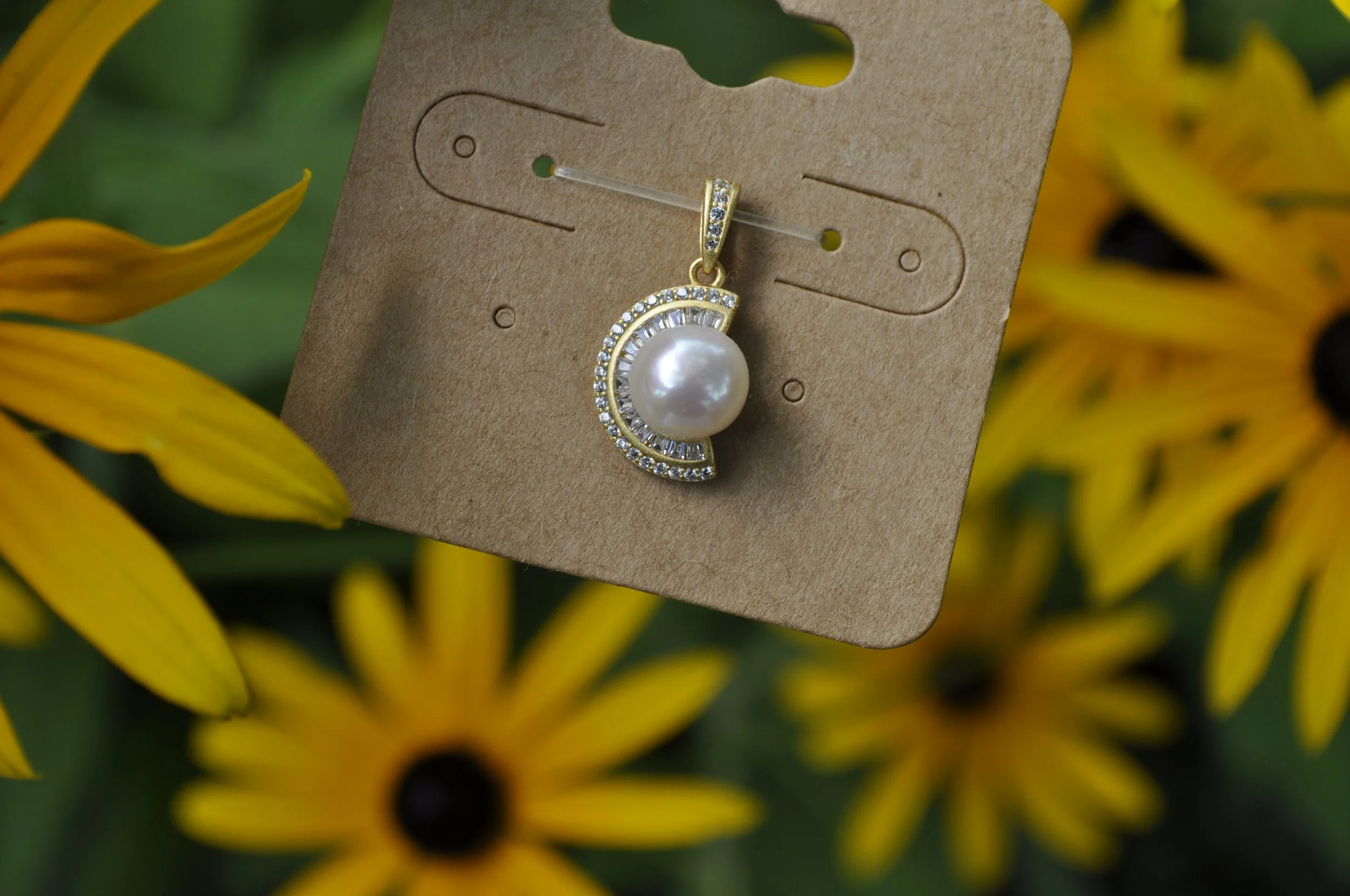Art Deco Freshwater Pearl & White Zircon Pendant | Gold Plated, Sterling Silver