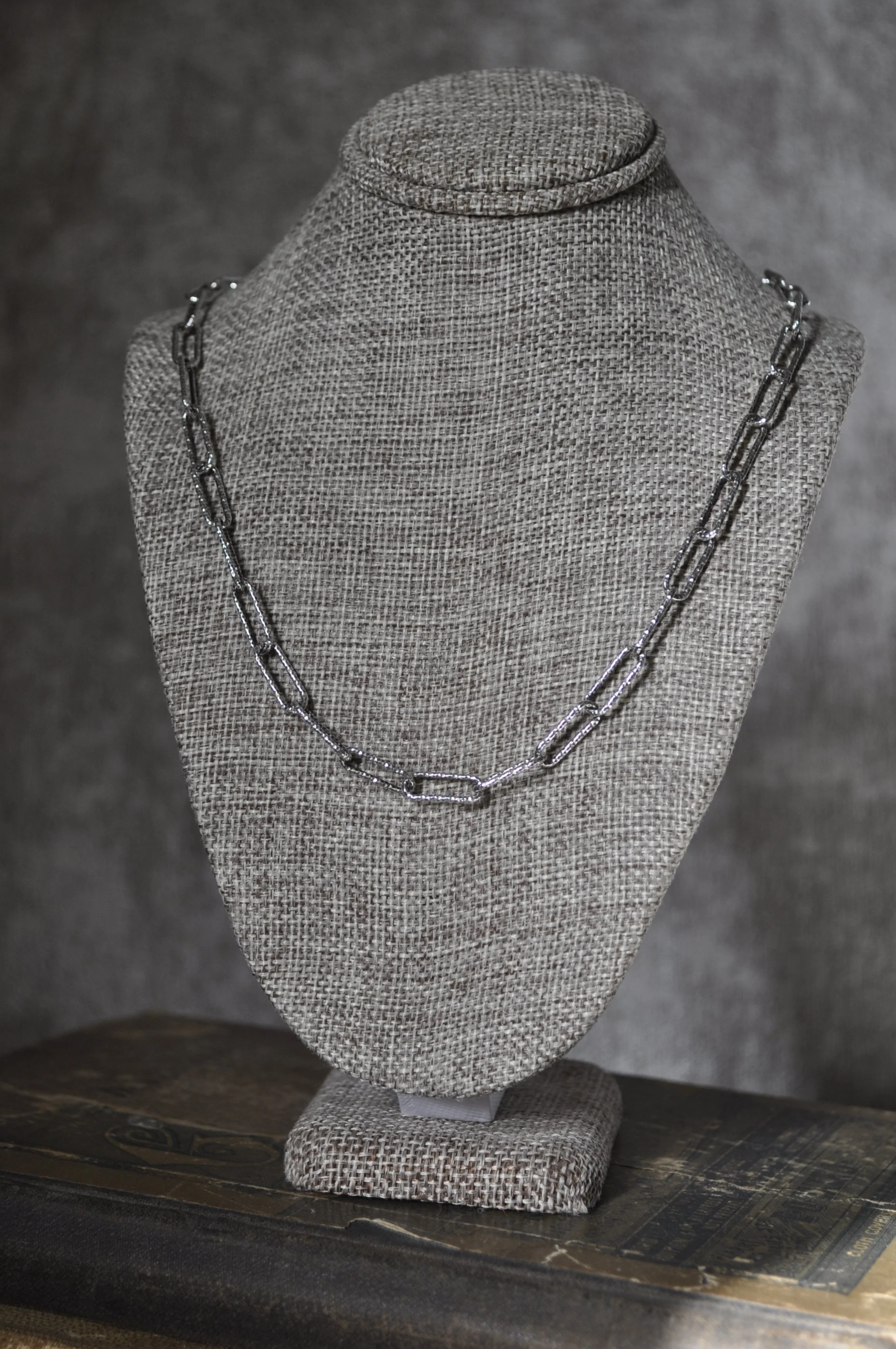 • Textured paperclip chain, diamond-cut silver necklace, 18 inch rectangular link chain, stippled sterling silver jewelry, vintage style paperclip necklace.
