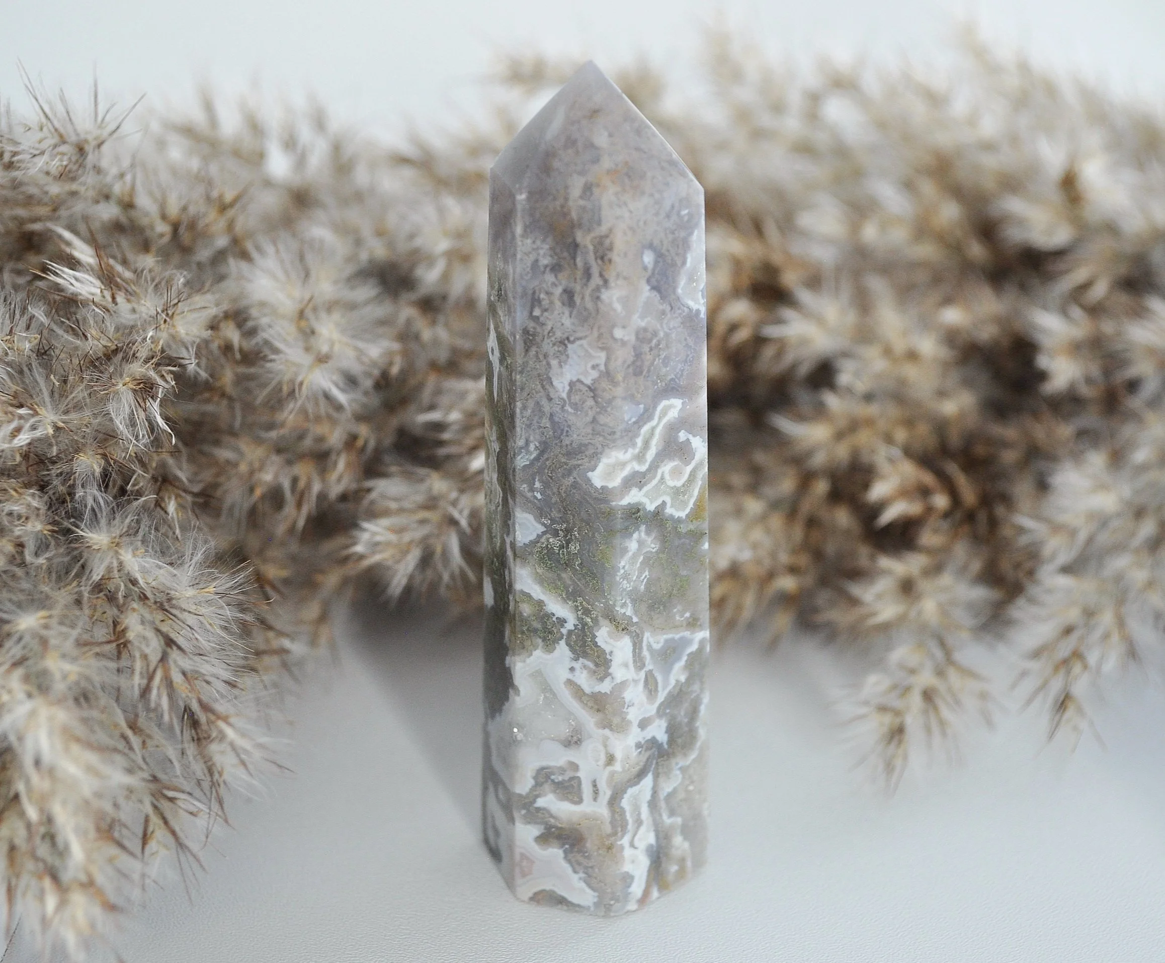 Green Moss Agate Crystal Tower