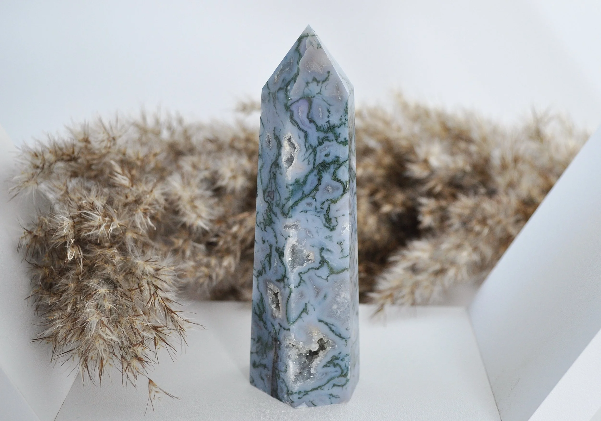 Green Moss Agate Crystal Tower