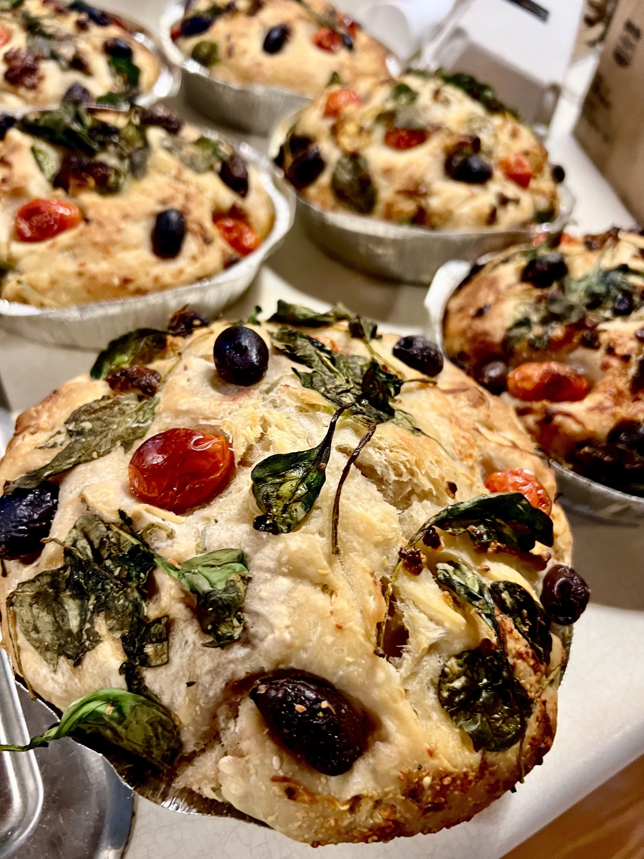 Small Kalmatta Olive, Grape Tomato's, Fresh Basil Focaccia-Market and Local Pickup Only