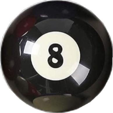 Close-up of an 8-ball from a pool game, black with a white circle and black number 8 in the center.