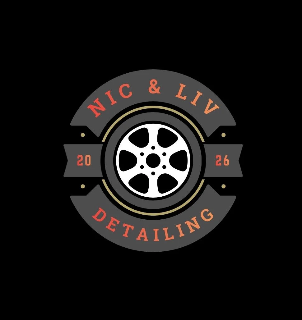Logo for Nic & Liv Detailing with a tire in the center, black background, and red and beige text.