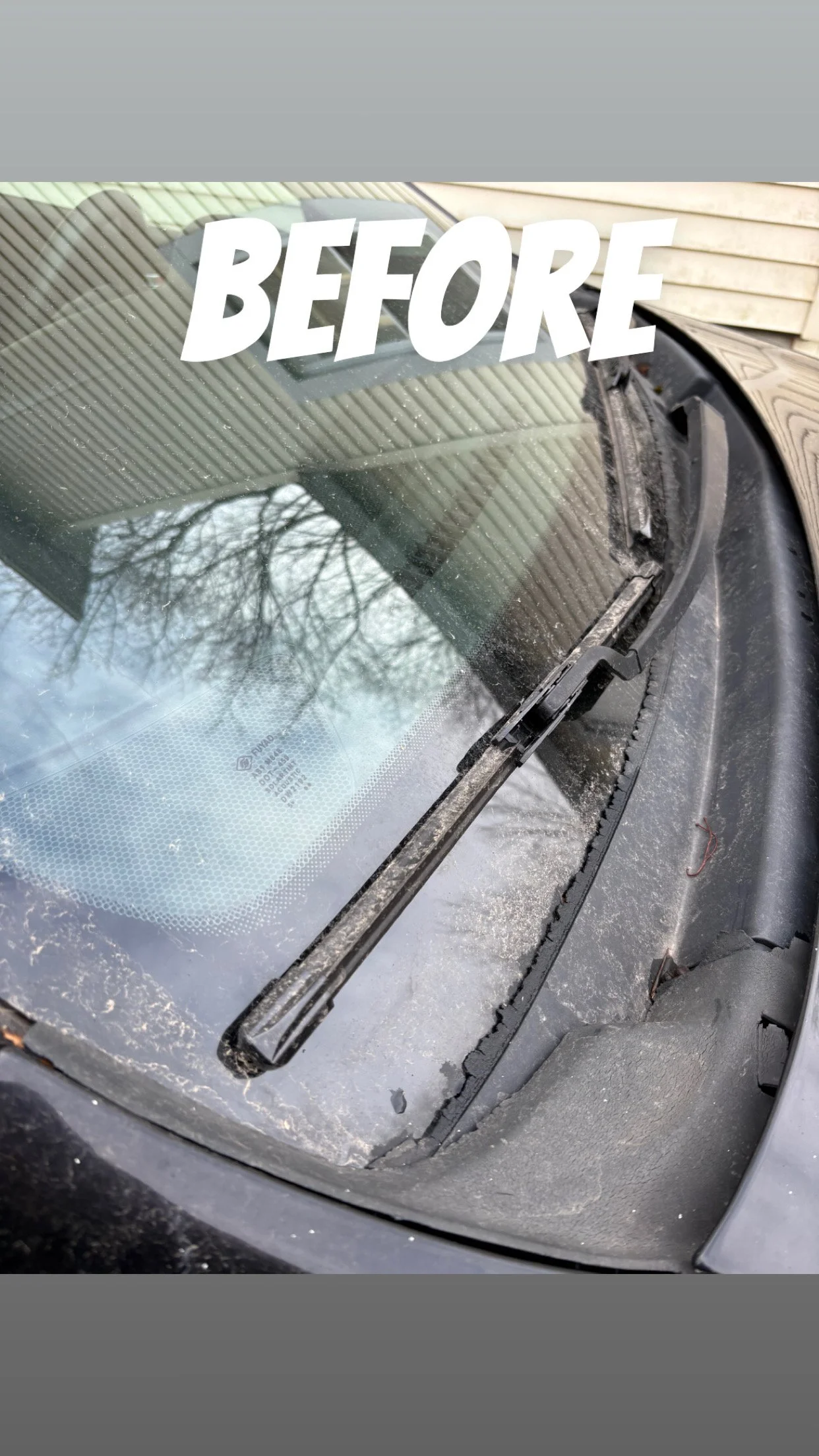 The windshield wiper on a dirty car with dust and debris, labeled 'BEFORE'.