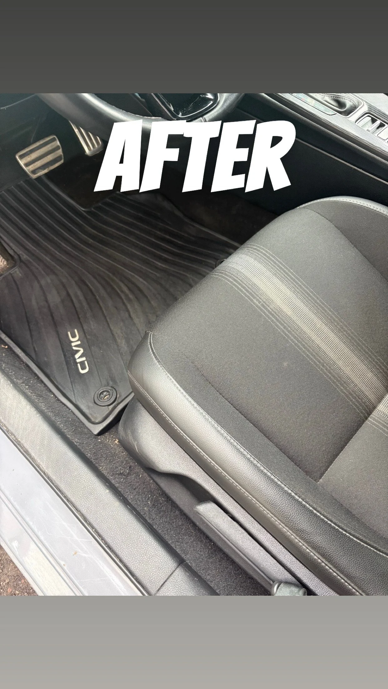 Clean car interior featuring a driver's seat, pedal area, and floor mats with 'Civic' branding.