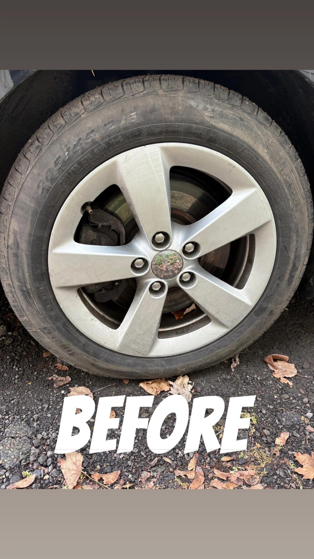 A close-up of a car tire and rim on a gravel surface with fallen leaves, labeled "BEFORE."